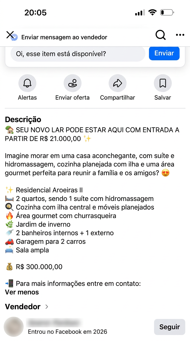Descrição de anúncio imobiliário indicando valor de R$ 300.000,00, com identidade do anunciante ocultada