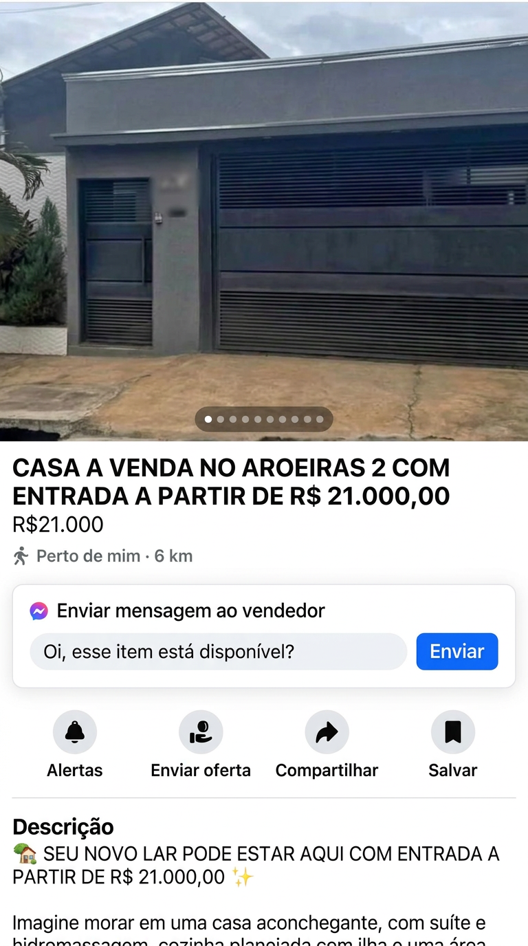 Anúncio de imóvel com entrada a partir de R$ 21.000,00, com dados identificadores ocultados