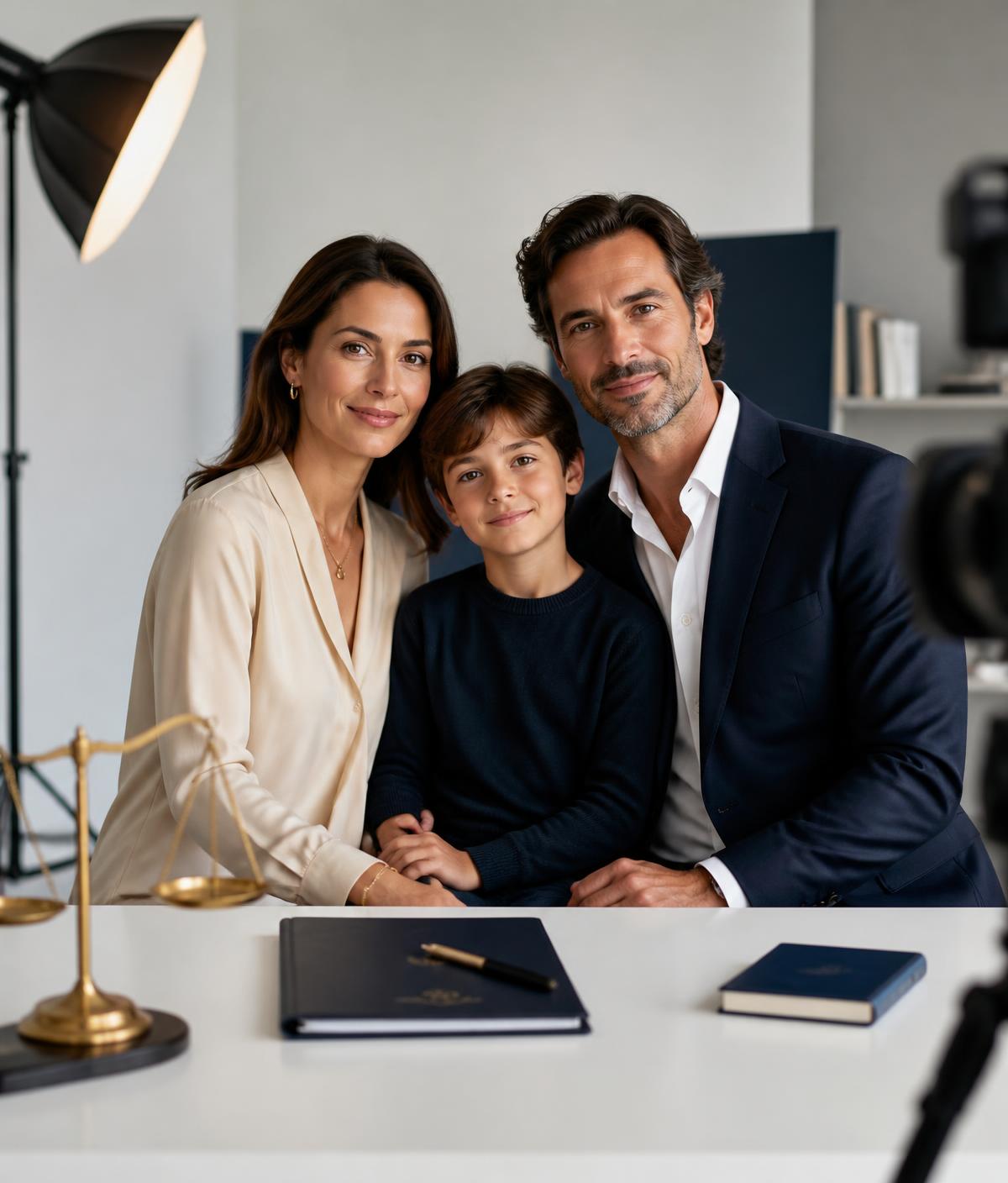 Família em produção publicitária moderna com elementos que remetem ao Poder Judiciário